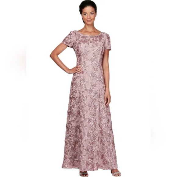 Alex Evenings Pink Sequin Rosette Lace A-Line Gown - Picture 1 of 3